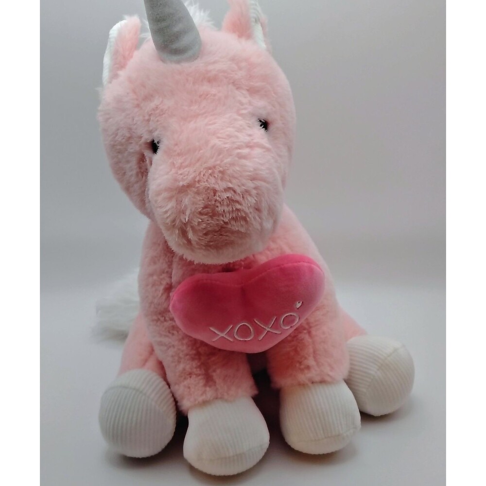 VALENTINE UNICORN PLUSH  XOXO PINK & WHITE HEART~SM.SILVER HEART 15" TALL